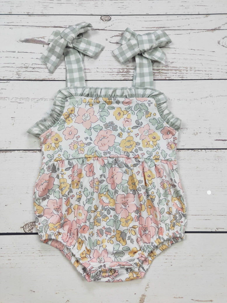 Baby Girl Checkered Flower Bubble Romper