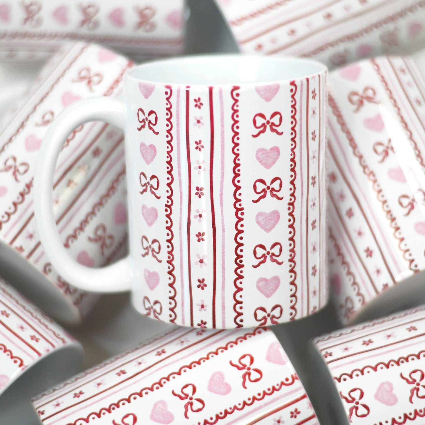 Valentine's Ceramic Mug Pink Red Bows Hearts