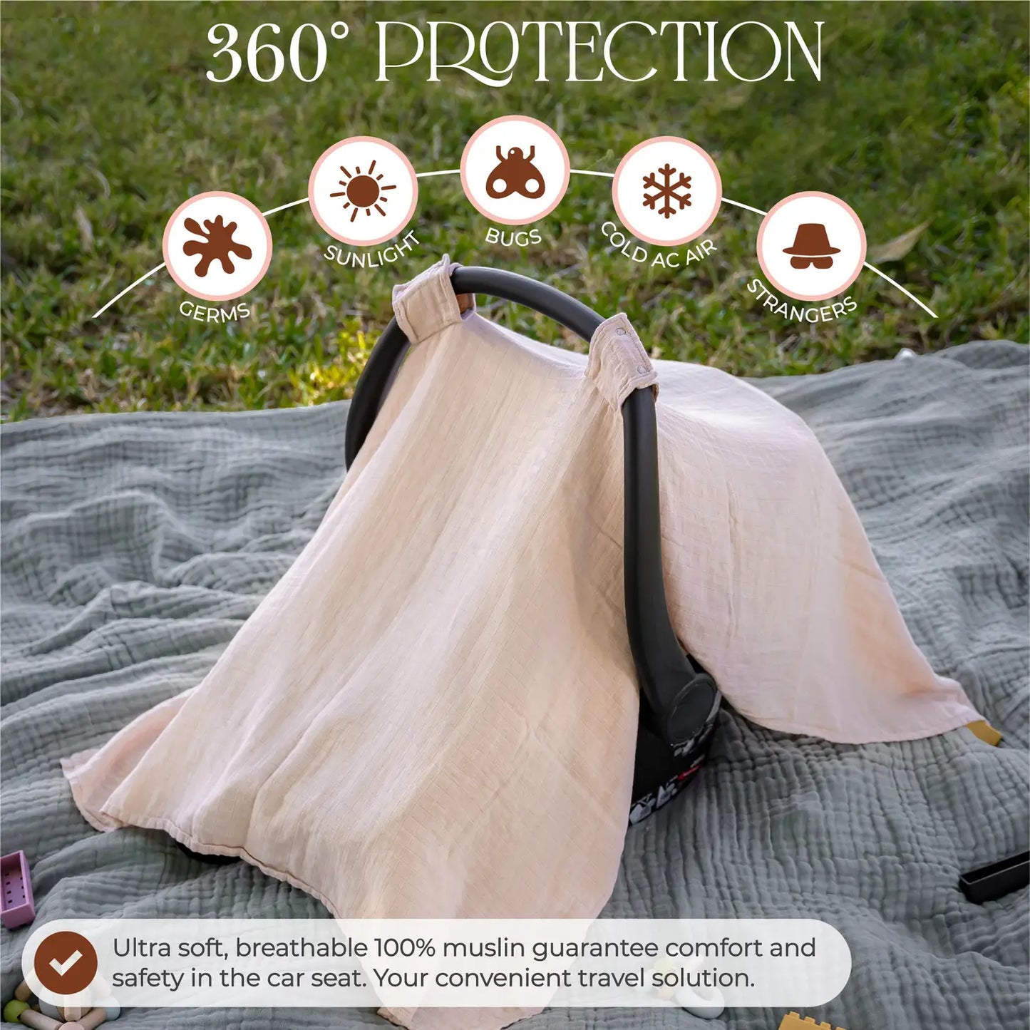 Muslin Cotton Baby Car Seat Cover-Blush