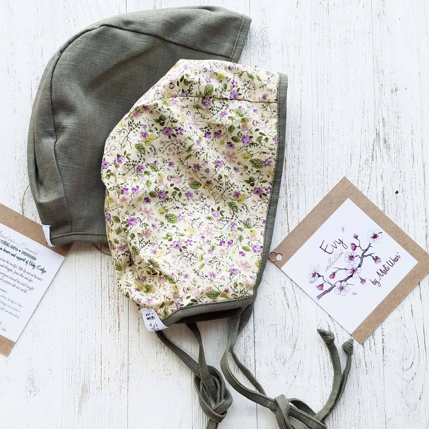 baby bonnet Hat reversible linen OLIVE and Floral print