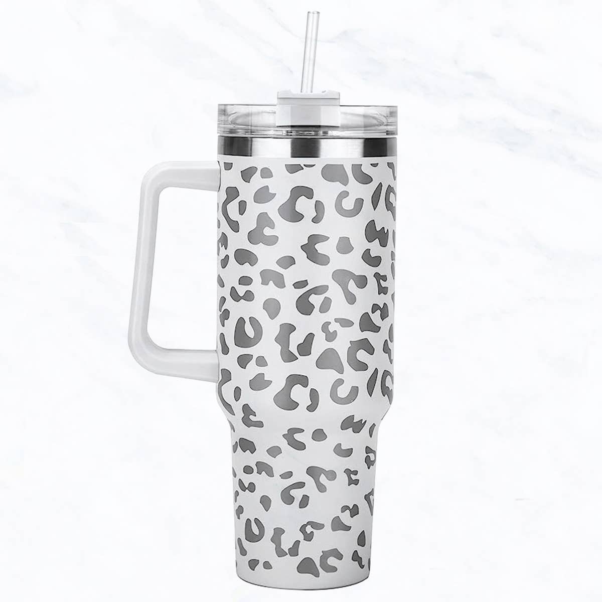 White 40 oz, Stainless Steel Laser-Cut Leopard Tumbler