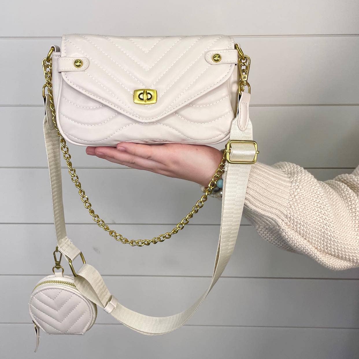 Lexi Quilted Chain Crossbody Belt Purse- Cream