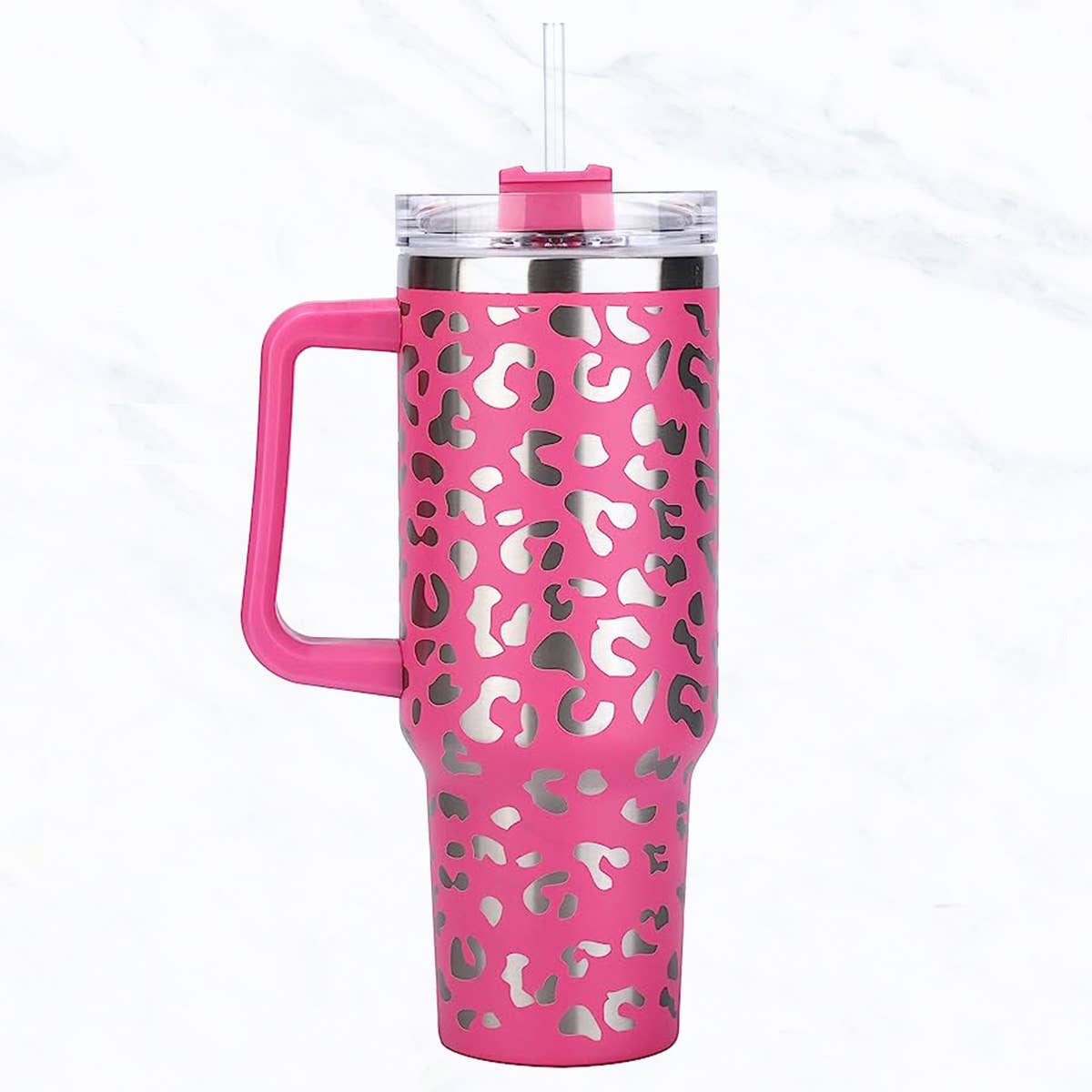 Fuchsia 40 oz, Stainless Steel Laser-Cut Leopard Tumbler