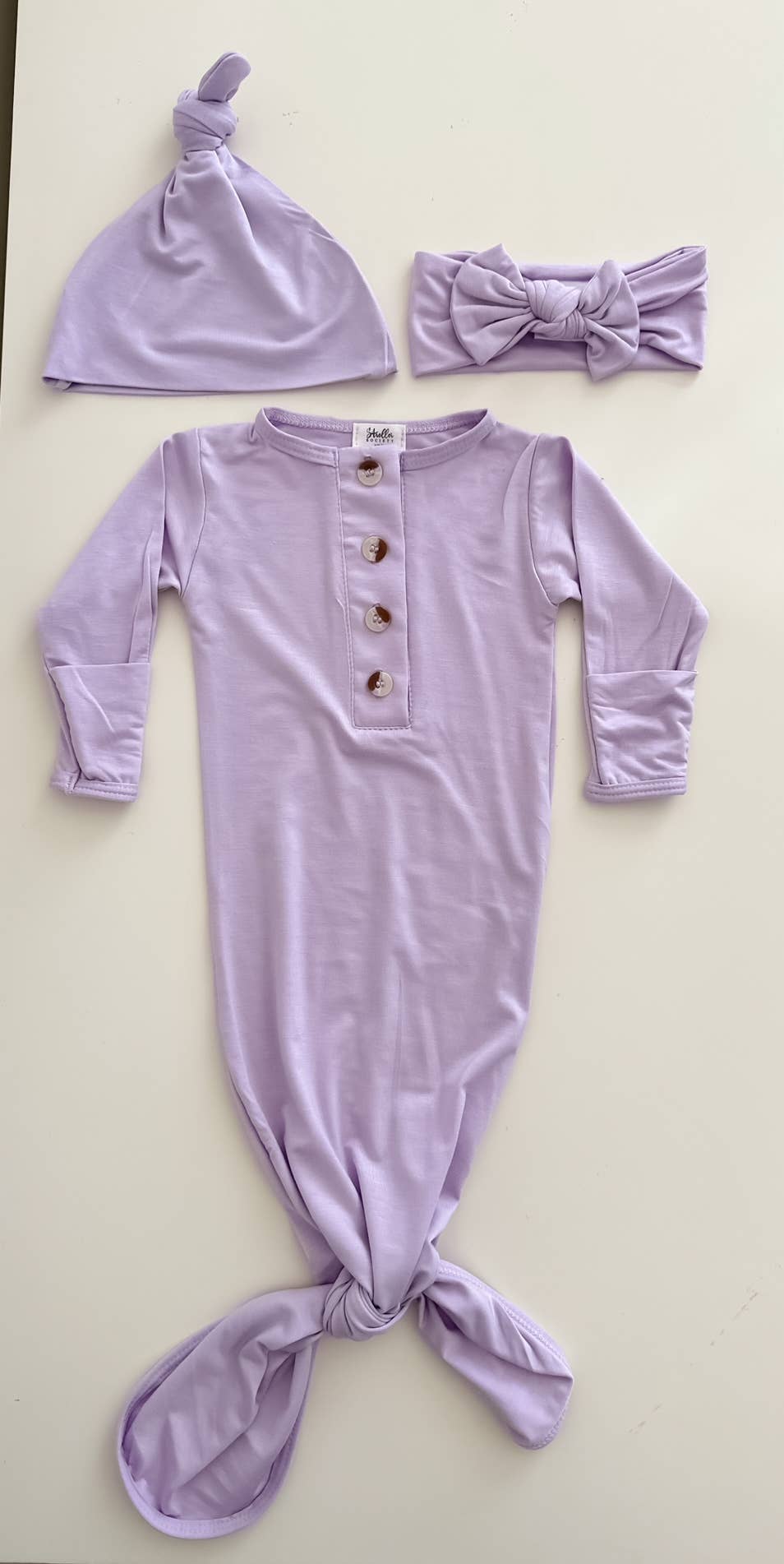 Knotted Baby Gown, Hat & Headband Set (NB-3 mo) - Lavender